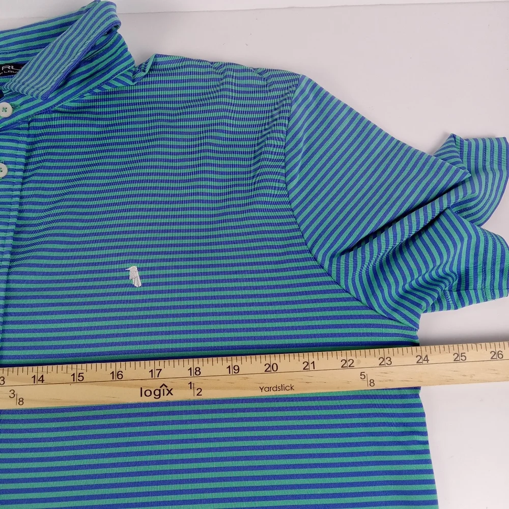 RLX Ralph Lauren Polo Shirt Blue Green Striped Large Golf Performance Preppy